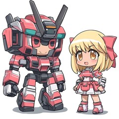 Wall Mural - Cute Anime Girl and Giant Robot in Red and White.