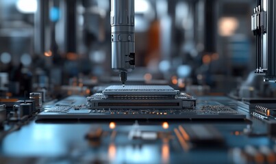 Fototapete - A close-up of a robotic arm assembling a circuit board in a factory.