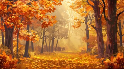 Poster - Bright fall leaves cover the ground and trees in a golden autumn forest, illuminated by soft sunlight creating a magical atmosphere. Generative AI
