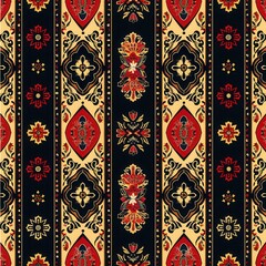 Leinwandbilder - This vibrant pattern showcases detailed floral and geometric designs in bold colors, perfect for fabric or wallpaper applications. Generative AI