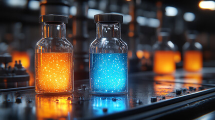 Glowing vials on a Conveyor Belt: Futuristic industrial setting showcasing two glass vials filled with vibrant glowing liquids, orange and blue, on a metallic conveyor belt.