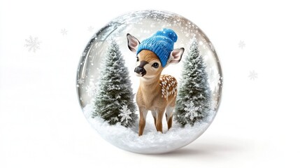 A baby deer with a blue winter hat, standing beside two snow-covered trees inside a beautifully crafted crystal ball, with soft snowflakes swirling around, isolated on a pure white background.