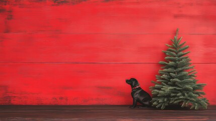 Wall Mural - Black Labrador Dog Sitting Near a Christmas Tree on a Red Wooden Background