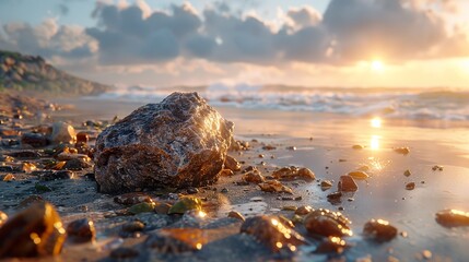 Canvas Print - Golden Sunset on a Pebble Beach