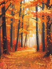 Poster - A peaceful forest path meanders through trees dressed in stunning fall foliage, creating a warm, golden atmosphere on a crisp autumn day. Generative AI