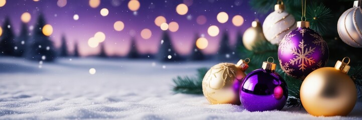 Christmas ornaments, colorful baubles, snow, bokeh lights, purple and gold decorations, festive atmosphere, winter scene, glittering background, holiday magic, shiny spheres, soft focus, warm glow, se