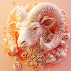 A powerful ram symbol representing the Aries zodiac, with strong, curled horns and a determined expression, embodying courage, energy, and leadership under the vibrant spring sky.