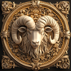 A powerful ram symbol representing the Aries zodiac, with strong, curled horns and a determined expression, embodying courage, energy, and leadership under the vibrant spring sky.