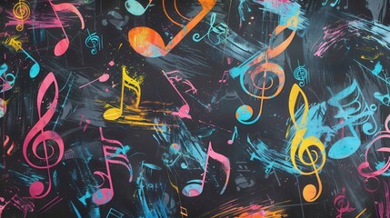 Poster - A chalkboard displays vibrant brushstrokes and cheerful musical notes, creating a lively and creative atmosphere perfect for inspiration. Generative AI