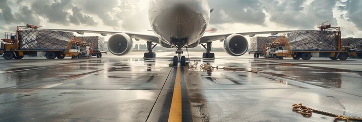Aufkleber - A cargo airplane stands on the runway ready for loading, surrounded by equipment for unloading freight containers under cloudy skies. Generative AI