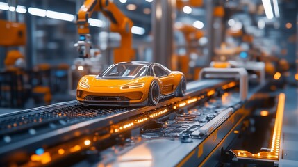 Aufkleber - A futuristic sports car being assembled on a conveyor belt in a modern factory setting.  The car is a bright orange color and is being moved by a robotic arm.