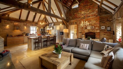 Interior of modern rustic style country house, living room and kitchen