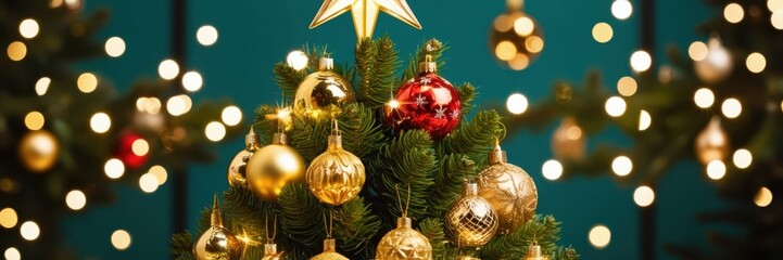 Christmas tree ornaments, golden baubles, bokeh lights, festive atmosphere, close-up, warm glow, holiday decorations, shiny spheres, red bow, star topper, green pine needles, sparkling reflections, co