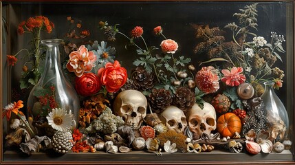 Canvas Print - Still Life with Skulls and Flowers: A Vanitas Painting