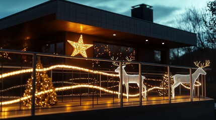 A modern outdoor Christmas setup featuring minimalist white and gold lights wrapped around sleek metal railings, with a glowing star display on the roof and elegant light-up reindeer in the yard.