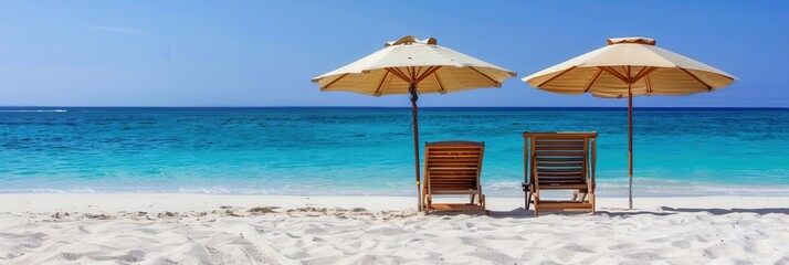 Poster - Two wooden lounge chairs sit under parasol umbrellas on a sunny beach, inviting visitors to enjoy the peaceful ocean view. Generative AI