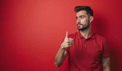 Man with confident expression giving thumbs up against red background with copy space