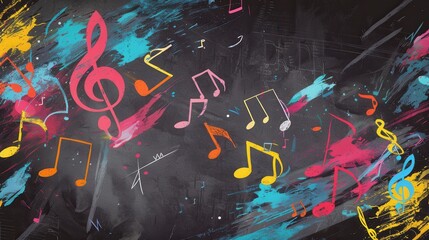 Aufkleber - The chalkboard features a lively mix of colorful brushstrokes and musical notes, creating an energetic artistic expression. Generative AI