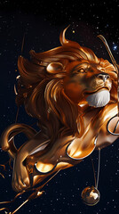 A bold lion symbol representing the Leo zodiac, with a golden mane and fierce expression, embodying strength, courage, and loyalty under the summer sun.