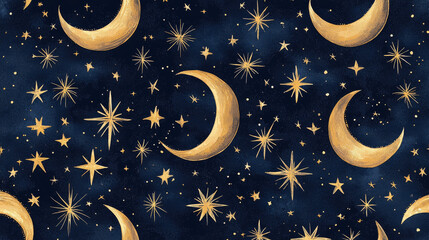 golden crescent moons and stars shine against deep blue night sky, creating magical and dreamy celes