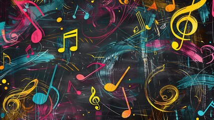 Poster - Colorful brushstrokes blend with musical notes on a chalkboard, creating an imaginative representation of art and music. Generative AI