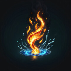 A vibrant orange flame bursts from the center of a swirling blue water pool, surrounded by splashes of water and a hint of smoke. The dark background provides a stark contrast to the vibrant colors.