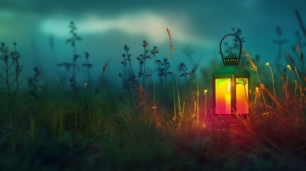 Wall Mural - wonderful rainbow lantern in the gloomy meadow at evening