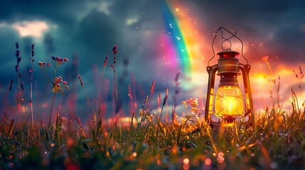 Wall Mural - wonderful rainbow lantern in the gloomy meadow at evening