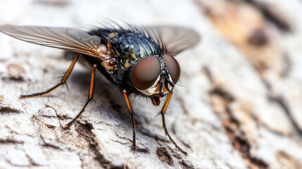 A housefly is captured in a close-up shot, perched on a textured surface.