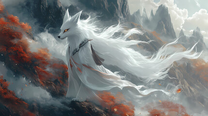 A beautiful nine-tailed fox spirit, with flowing white hair and piercing golden eyes, stands gracefully against a misty mountain backdrop in ancient japan. Shape-shifting Kitsune. Illustration