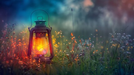 Wall Mural - wonderful rainbow lantern in the gloomy meadow at evening