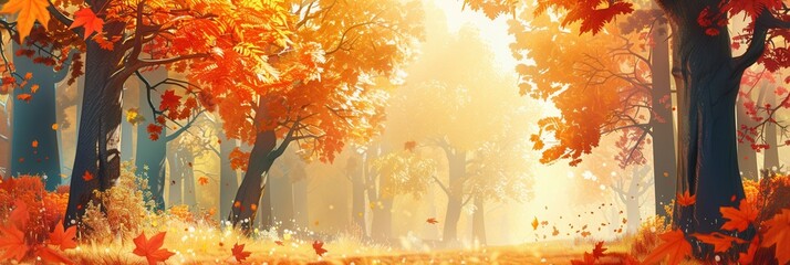 Poster - A tranquil forest is bathed in golden light as colorful fall leaves flutter gently from the trees, creating a magical atmosphere. Generative AI