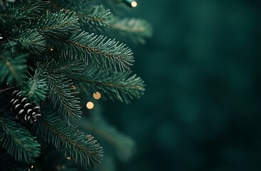 Wall Mural - Christmas background with pine branches and golden ornaments, dark green background with snowflakes and garland decoration, festive and holiday concept
