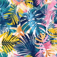 Poster - A lively arrangement of bright pink, blue, and yellow tropical leaves forms a striking pattern, celebrating nature's beauty. Generative AI