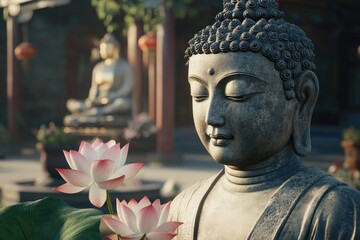 A close-up of the Buddha statue, with lotus flowers blooming beside it. The background is dark and blurred, creating an atmosphere full of tranquility and wisdom