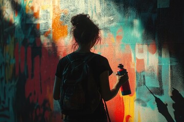 Urban artist: cool girl expressing creativity by painting vibrant city wall with spray paint, transforming urban landscape into canvas of self-expression, inspiration, youthful energy.