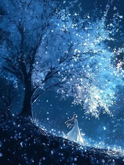 Wall Mural - A Woman Stands Under a Blooming Tree, Surrounded by Falling Petals.