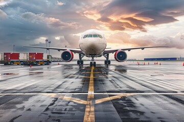 Aufkleber - A cargo airplane rests on the runway at sunset, with loading and unloading equipment in the surrounding area preparing for operations. Generative AI
