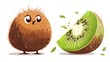 © wacharagorn - A cute, cartoonish kiwi character next to a freshly sliced kiwi fruit, showcasing vibrant colors and fun design.