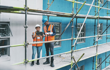 Poster - Teamwork, planning and engineering with people and tablet for construction site, digital blueprint and building. Collaboration, project management and architecture with contractor for design