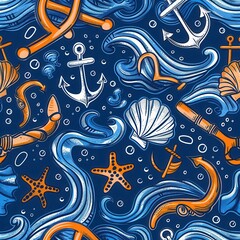Leinwandbilder - This design showcases a vivid nautical pattern with anchors, seashells, and flowing waves, capturing the essence of marine life. Generative AI