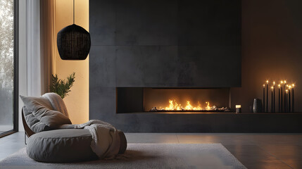 modern minimalist living room fireplace soft warm fire burning gray walls dark stone cozy home house blanket elegance elegant luxury contemporary simplicity simple warmth design  furniture