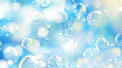 Wall Mural - soft, transparent bubbles floating in a dreamy blue and white bokeh background. concept: serenity, l