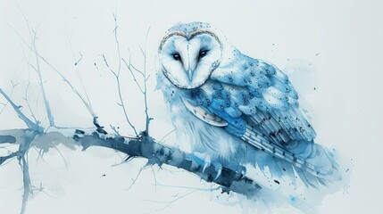 A blue owl is perched on a branch. Generative AI