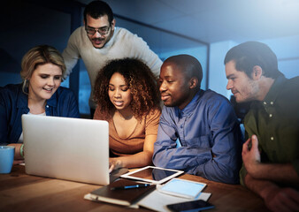 Poster - Office, meeting and business people with discussion by laptop for testing, plan or launch of server. IT developer, team and programming with tech at night for backend development, debugging or advice