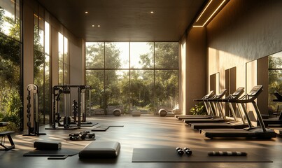Aufkleber - A modern gym with large windows overlooking a lush green forest. 