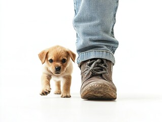 a dog walking with a man focused on legs in jeans and boots with on a white background