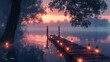 © Jaturong - A serene scene of a lake with a wooden bridge lit up with candles. Generative AI