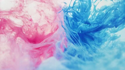 Poster - Pink and blue ink clouds swirling together in water, creating a vibrant and abstract image of color fusion and fluid art.