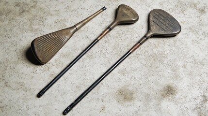 Three antique golf clubs on a textured surface, showcasing vintage design and craftsmanship.